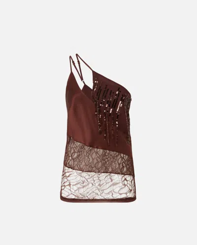 Pinko One-shoulder Satin Top With Lace And Sequins In Marrone Terra X Piante