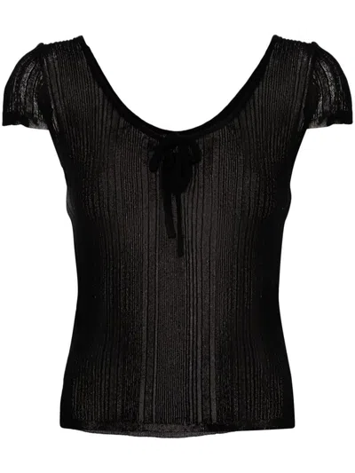 Pinko Fringed Ribbed-knit T-shirt In Nero