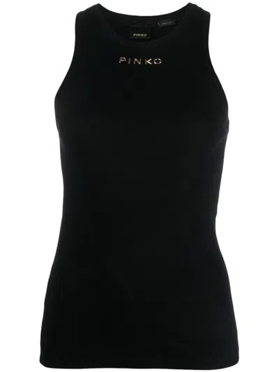 Pinko Logo-embossed Cotton Tank Top In Black