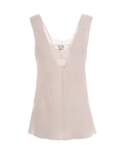Pinko Sleeveless Twill Viscose Top With Lace Accents In Pink