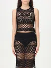 Pinko Black Top With Perforated Design And Diamond Motif And Floral Details In Black