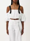 Pinko Cropped Beige Top With Puff Sleeves And Adjustable Straps In White