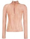 Pinko Lace-panel Laminated High-neck Blouse In Beige