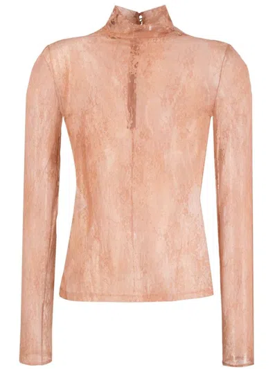 Pinko Lace-panel Laminated High-neck Blouse In Beige