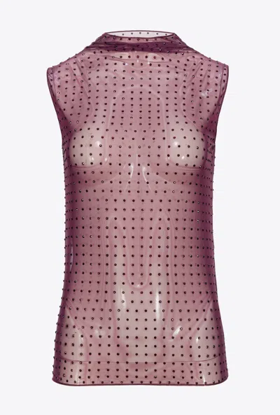 Pinko Sleeveless Tulle Top With Rhinestones In Multicolor