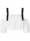 Pinko Cropped Beige Top With Puff Sleeves And Adjustable Straps In White
