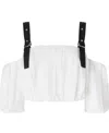 Pinko Cropped Beige Top With Puff Sleeves And Adjustable Straps In White