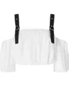Pinko Cropped Beige Top With Puff Sleeves And Adjustable Straps In White