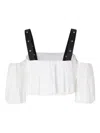 Pinko Cropped Beige Top With Puff Sleeves And Adjustable Straps In White