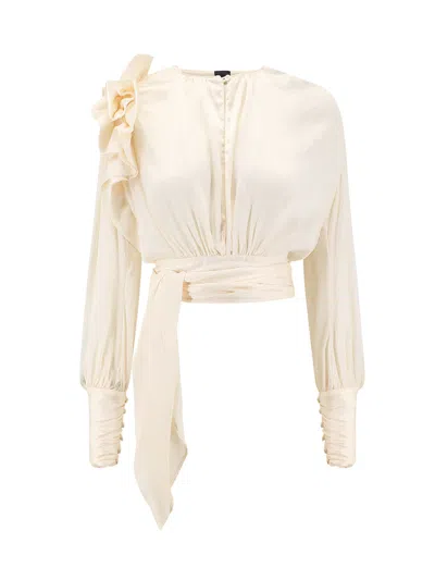 Pinko Ruched Satin Cropped Blouse In White