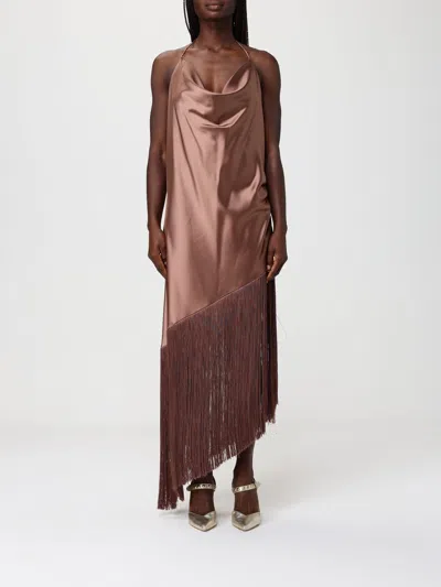 Pinko Brown Dress With Asymmetrical Design And Fringes In Tech Fabric Woman