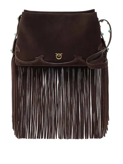 Pinko Triplet Bag In Chocolate Suede With Fringe In Brown