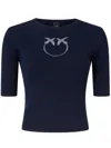 Pinko Crewneck Embroidered Tritone Ribbed Short Sleeves Sweater In Blue