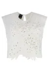 Pinko Crop Top With Openwork Embroidery And Crystals In Neutral