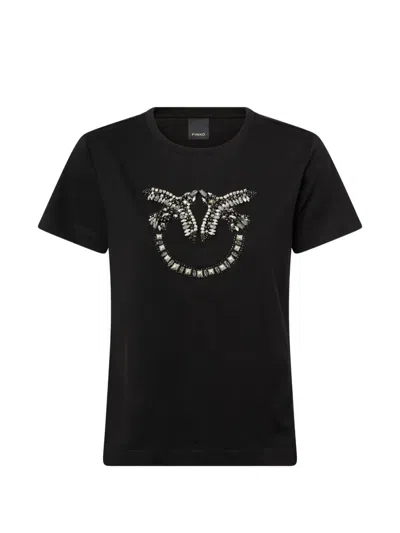 Pinko T-shirt With Love Birds Jewel Maxi Embroidery In Black