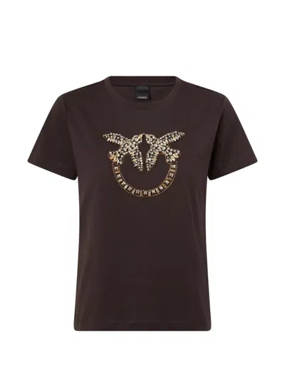 Pinko T-shirt With Love Birds Jewel Maxi Embroidery In Brown