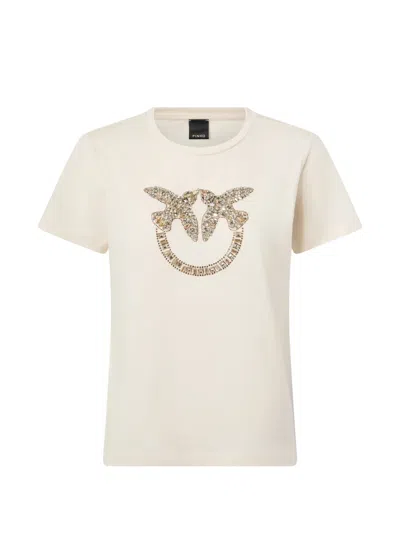 Pinko T-shirt With Love Birds Jewel Maxi Embroidery In Neutral