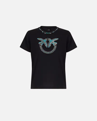 Pinko - T-shirt With Love Birds Jewel Maxi Embroidery - S In Black