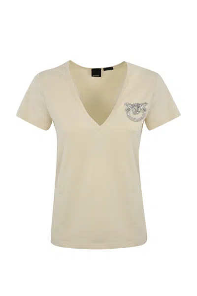 Pinko Turbato T-shirt With Jewel Embroidery In Cotton In White