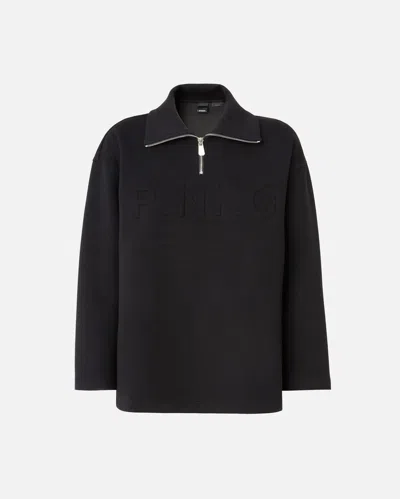 Pinko Turtleneck Sweatshirt With Zip And Logo Embroidery In Noir Limousine