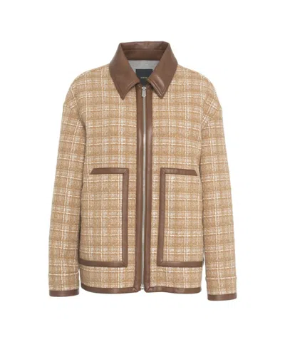 Pinko Tweed Blouson Jacket With Leatherette Details And Zip In Brown