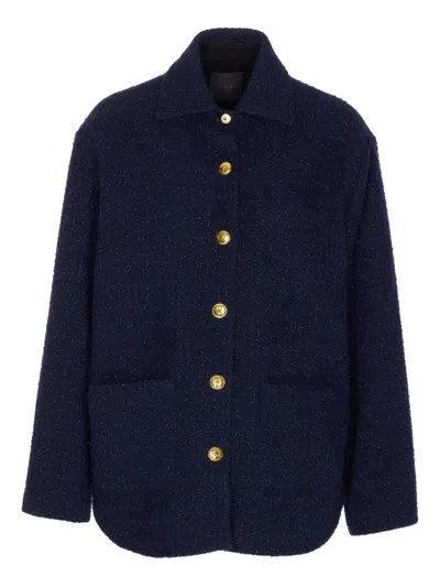 Pinko Shiny Metallic Textured Jacket With Gold Buttons In Blue