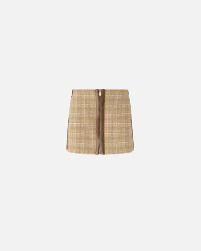 Pinko Tweed Miniskirt With Leatherette Profiles And Zip In Beige/grey/silver