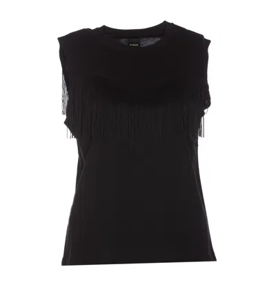 Pinko Fringed Cotton Tank Top In Black