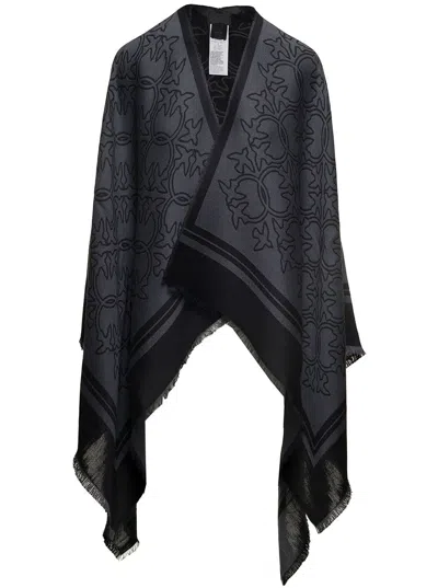 Pinko Two-tone Shawl With All-over Print And Striped Hem In Wool Blend Woman In Izk Grigio Nero