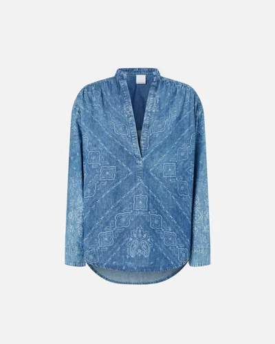 PINKO V-NECK BANDANA-PRINT DENIM BLOUSE