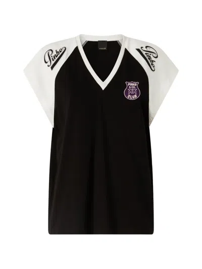 Pinko V-neck Embroidered T-shirt In Black