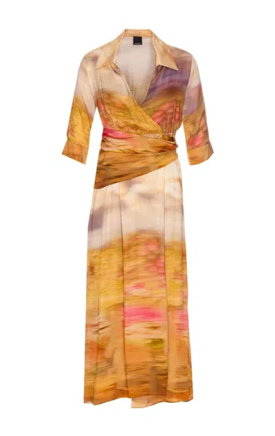 Pinko V-neck Printed Satin Dress In Multi. Beige/pink