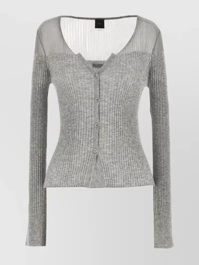 Pinko 'v Neck Sheer Panel Ribbed Texture Cardigan' In Gray