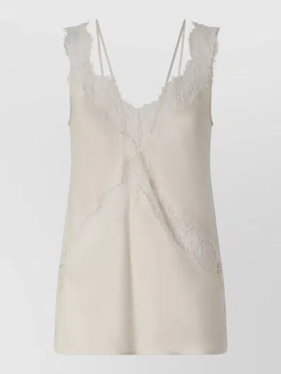 Pinko V Neck Sleeveless Lace Trim Top In Neutral