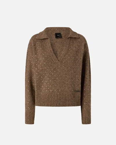 Pinko V-neck Sweater With Rhinestones In Brown