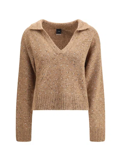 Pinko V-neck Sweater With Rhinestones In Brown