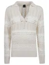 Pinko Textured Knit White Sweater With Stylish Collar In Neutrals