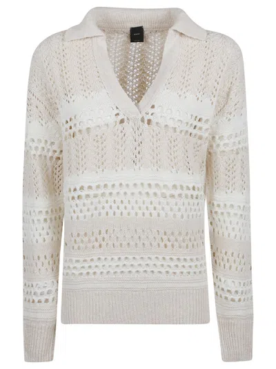 PINKO PINKO V-NECK WHITE SWEATER WITH INTRICATE KNIT PATTERNS