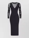 Pinko V-neckline Fitted Silhouette Midi Length Sheer Ruched In Black