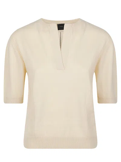 Pinko Varsavia Short-sleeve Ribbed V-neck Sweater In Beige