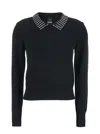 Pinko Classic Black Sweater With Embellished Collar And Ribbed Hem In Black