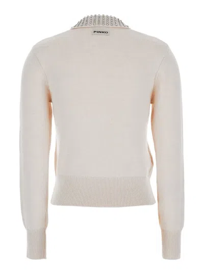 PINKO BEIGE POLO SHIRT WITH CRYSTAL-DECORATED COLLAR AND LOGO PATCH ON THE BACK IN CASHMERE WOMAN