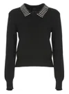 Pinko Black Polo Shirt With Crystal-decorated Collar And Logo Patch On The Back In Cashmere Woman In Black