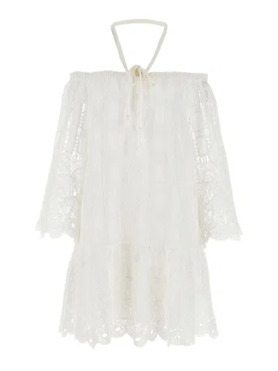 Pinko Evergreen Off-the-shoulder Lace Dress In White