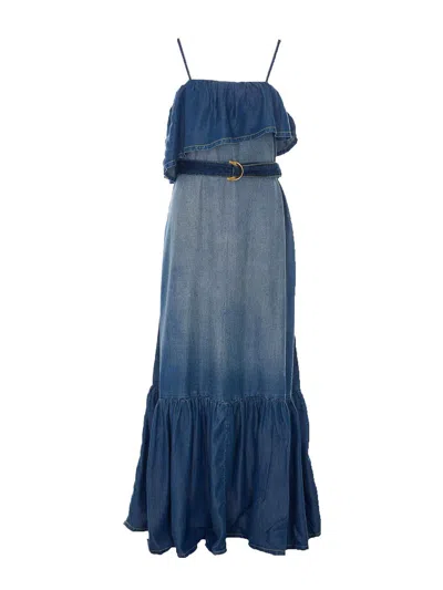 Pinko Ruffled Thin Strap Denim Maxi Dress In Blue