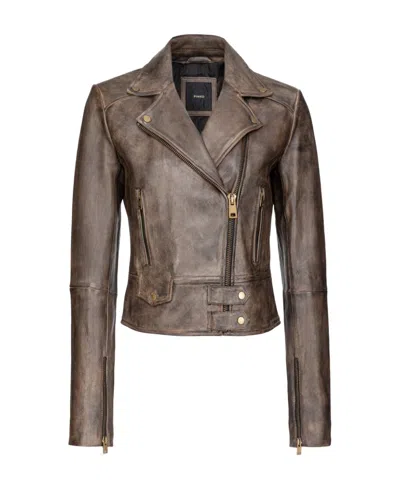 Pinko Vintage Effect Biker Jacket In Brown