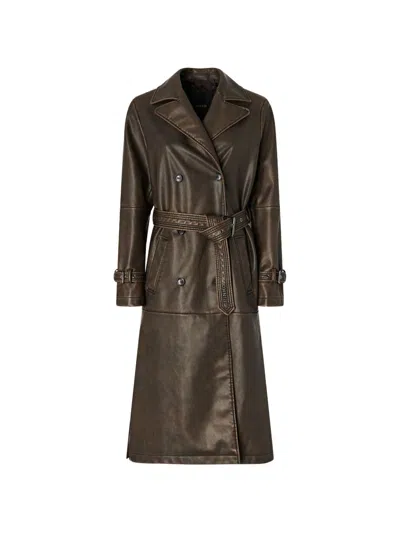 Pinko Vintage Effect Faux Leather Trench Coat In Brown