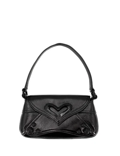 Pinko Vintage Patent-finish Black Handbag With Heart-shaped Buckle