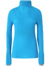 Pinko High-neck Ribbed Cashmere-blend Sweater With Lurex Cuffs In Blue