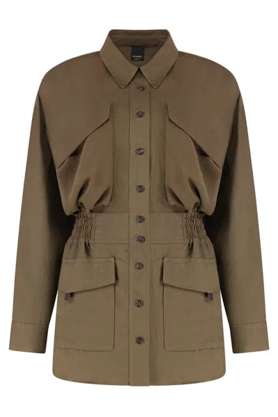 Pinko Viscose-linen Overshirt With Adjustable Drawstring Waist In Green